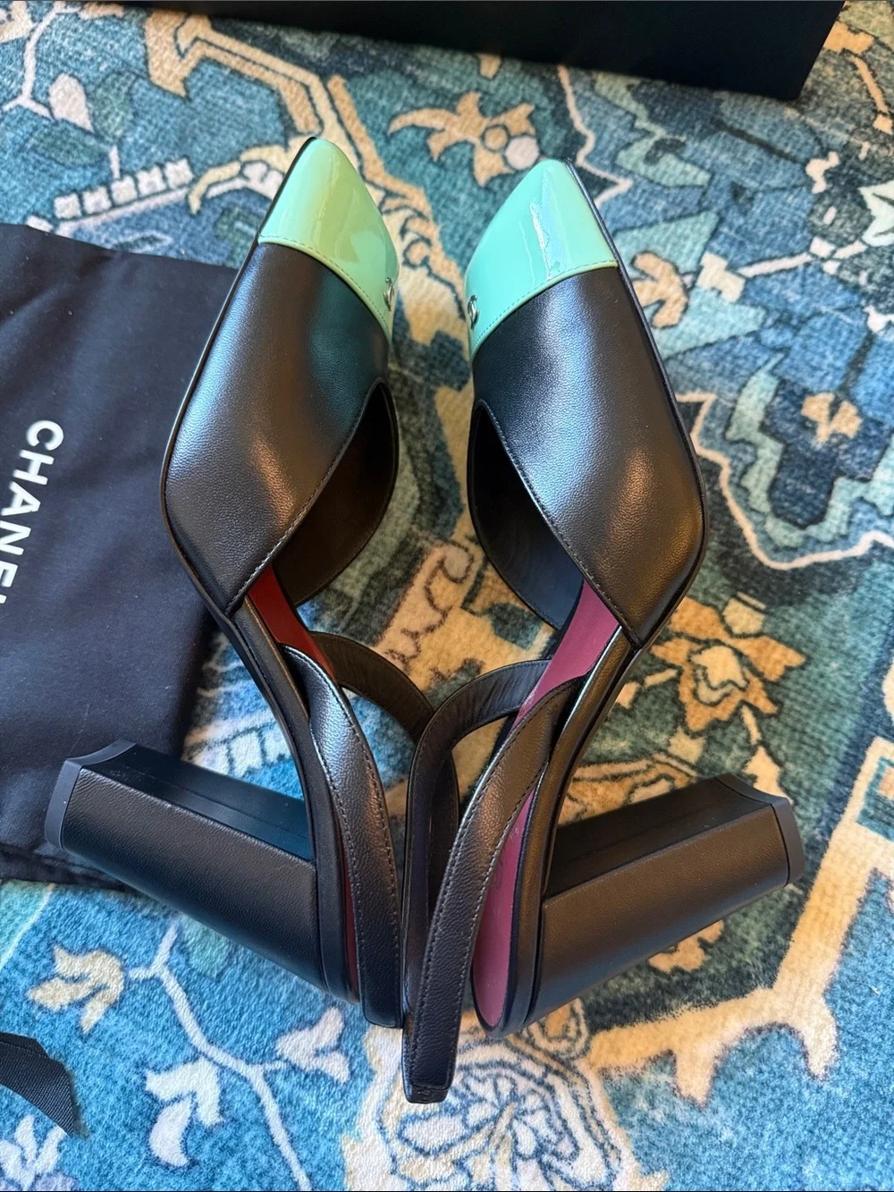 Chanel 26S Blazy Black Minty Green Square Cap Toe Sling Slingback Heel 37.5